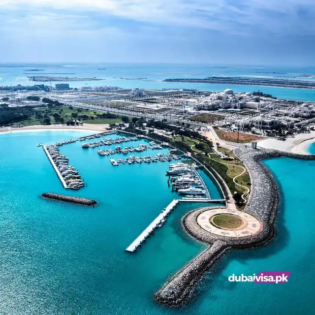 Aerial view of a marina on the Abu Dhabi coastline