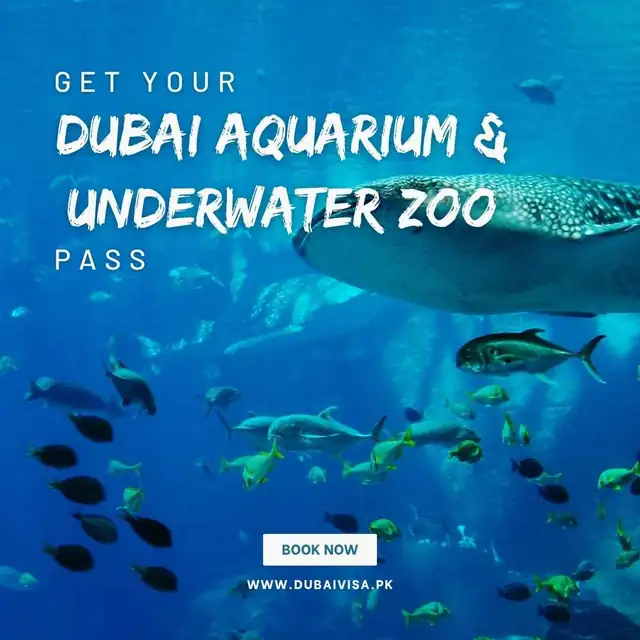 Whale shark and fish in the Dubai Aquarium tank, with the words Dubai Aquarium & Underwater Zoo pass