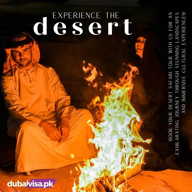 Dubai desert safari with BBQ dinner Guests by a campfire at a Dubai desert safari camp at night