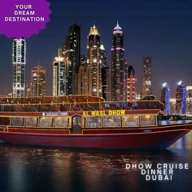 Dubai Marina dhow cruise dinner Al Wasl dhow cruise boat lit up at night in Dubai Marina